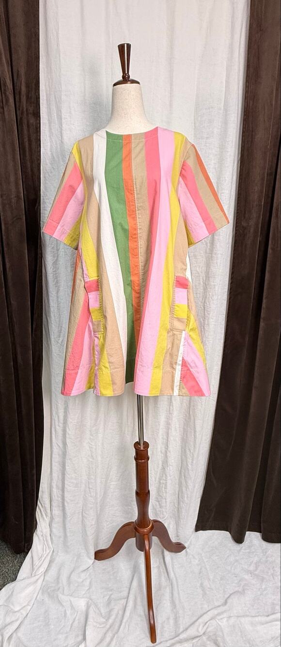 Maeve Anthropologie Emmy Swing Mini Dress Multi-Stripe Short Sleeve Pocket 
M